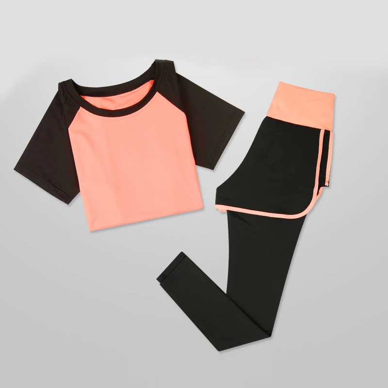 Orange-trousers Сексуальный комплект для йоги, для фитнеса, женская футболка для бега+ дышащие штаны, одежда, леггинсы, для йоги, спортзала, тренировки, спортивный комплект, комплект для йоги - Цвет: Orange-trousers