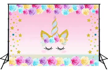 

Floral Unicorn Backdrop Glitter Stars Photography Filming Booth Background Baby Shower Birthday Party Decor Photo Studio Props