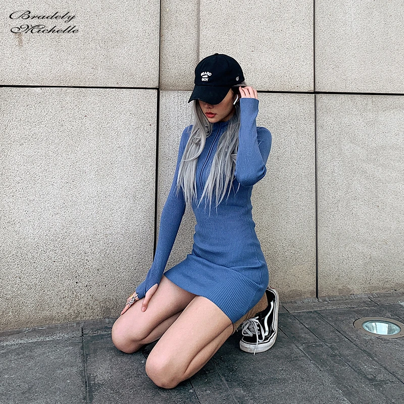 vestidos verano elegante Autumn Women New Sexy Elastic Mini Knitted Dress Long-Sleeve high-collar Slim Female Dress