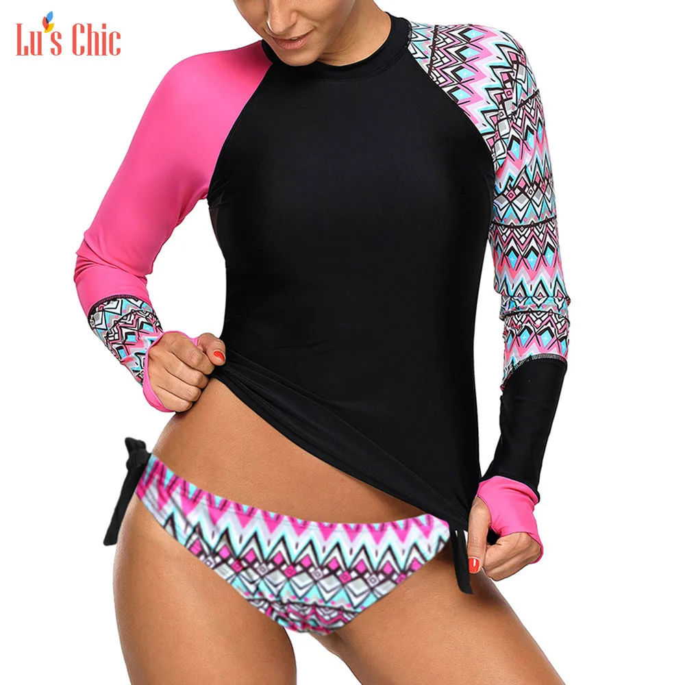 Lu's шикарный женский длинный рукав Rashguards треугольный купальный костюм с длинными рукавами купальник бикини купальный костюм - Цвет: Red