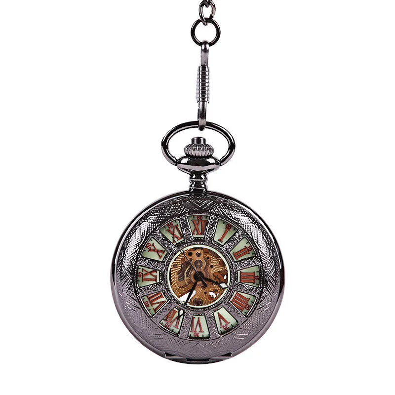 

Large thick chain classical pattern waterwheel shape hollow automatic mechanical luminous golden Roman face pocket watch