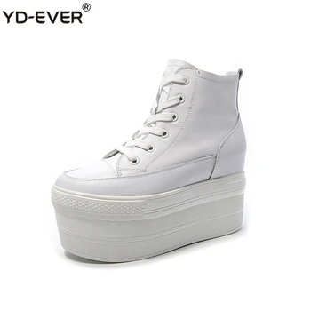 

YD-EVER 12cm genuine leather women boots high heel platform wedge shoes height increasing lace up casual shoes sneaker