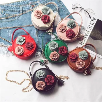

Leather Round Flower Diagonal Girl Bag Tassel Chain Diagonal Handbag Cute Creative Round Flower Decorative Kid Gift Shoulder Bag