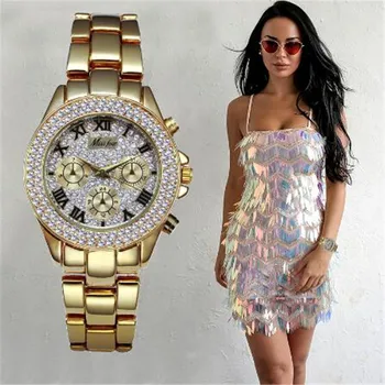 

2019 Copy Chronograph Roman Numerals 18K Gold Ladies Watches Quartz Wristwatch Gift For Women