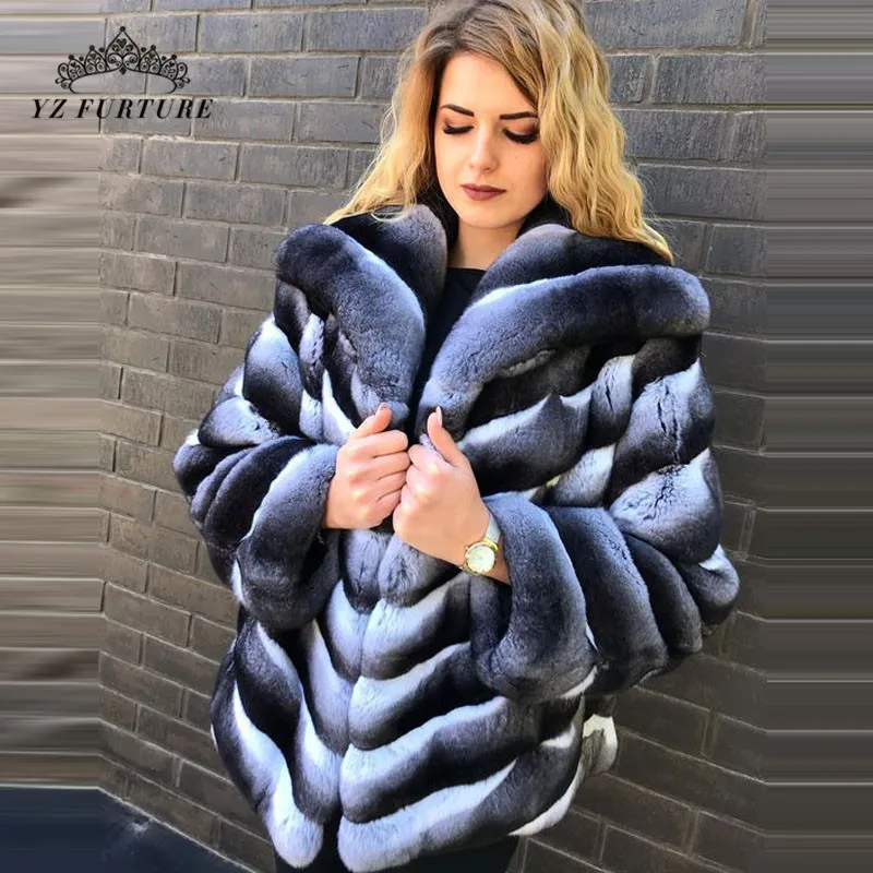 YZ Future Natural Rex Rabbit Fur Coat Long Sleeve Chinchilla Color Fur Long Jackets Striped Pattern with Big Collar Warm coat