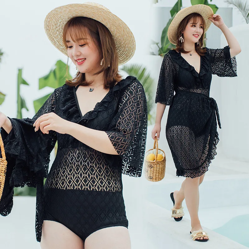 

New Style Large Size Bathing Suit Fat Mm Slimming Bikini Three-piece Set Korean-style Blouse Sexy Hollow out Swimwear Women's