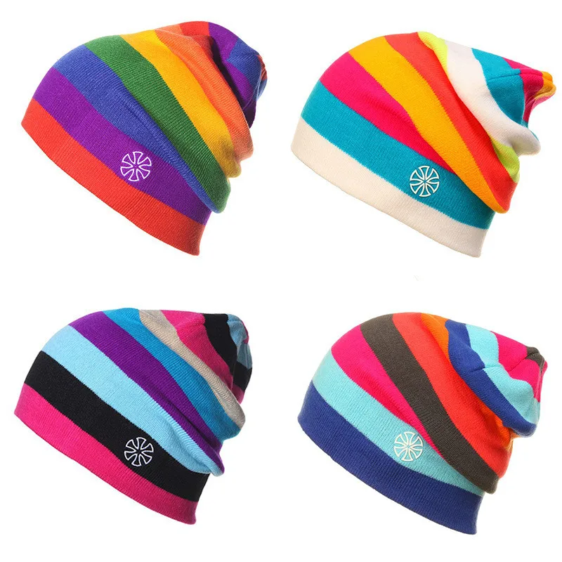 

Winter Men Ice Skating Cap Rainbow Snowboard Hat Outdoor Double Knit Warm Ski Skull Cap Beanie Women