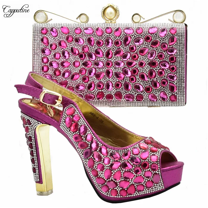 Luxury fuchsia shoes and bag set decorated with crystal stones for wedding/party 988-4 heel height 12cm | Обувь