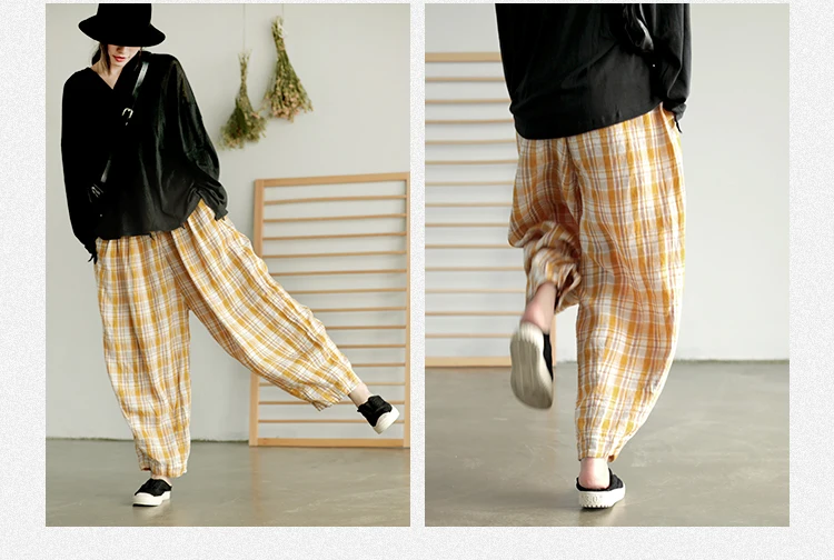 Autumn Woman Cotton Linen Pants New Big Size Plaid Loose Elastic Waist Vintage Casual Women Trousers YoYiKamomo