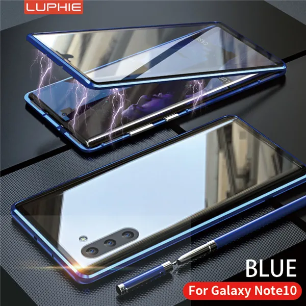 Blue Роскошный чехол Luphie 360 с магнитным передним задним стеклом и двойным боковым стеклом для samsung Galaxy Note 10 Plus Note10+ магнитная откидная крышка - Цвет: Blue