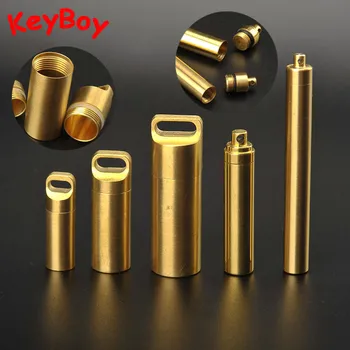 

Brass Outdoor Portable Capsule Medicine Bottle Keychain Pendants Copper Pill Box High Capacity Sealed Chamber Keyring Hanging