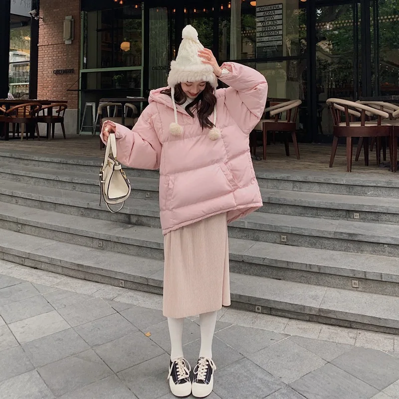 

Photo Shoot CHIC Vigorous GIRL'S Sweet Pink Hooded Lace-up Pullover Large Pocket down Coat Cotton-padded Clothes Glove Winter