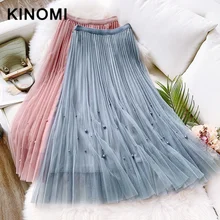 KINOMI/Новинка года; сезон весна-лето; вечерние сетчатые плиссированные юбки с бисером; элегантные длинные юбки для женщин в Корейском стиле; стильные Многослойные трапециевидные юбки