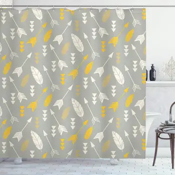 

Arrows Shower Curtain, Bohemian Style Feathers and Arrows Repetitive Pattern Artwork Image, Cloth Fabric Bathroom Decor Set with