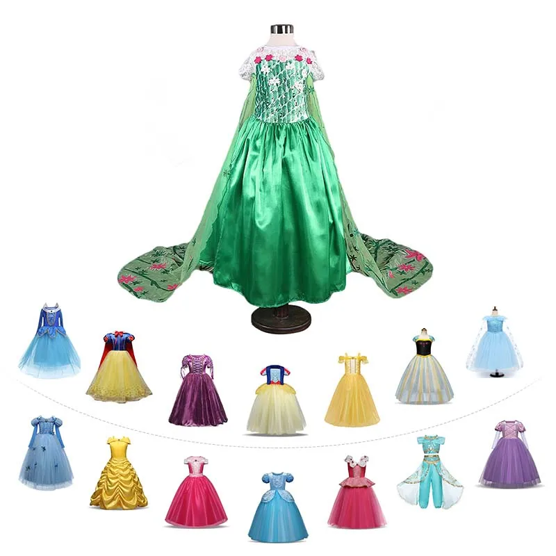 Платье Эльзы, костюмы для девочек на Хэллоуин, косплей Белоснежка, жасмин, Аврора, платье принцессы вечерние костюмы Фэнтези