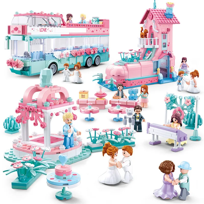 

Friends Pink House City Bus Race Car Building Block Princess Prince Wedding sets Romantic Amusement park Brick Toys for Girls