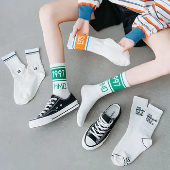 

4 Pairs Women White Cotton Socks Tube Striped Socks Ins Korean Streetwear Letter Socks Thin Harajuku Hip Hop Funny Cute Sock