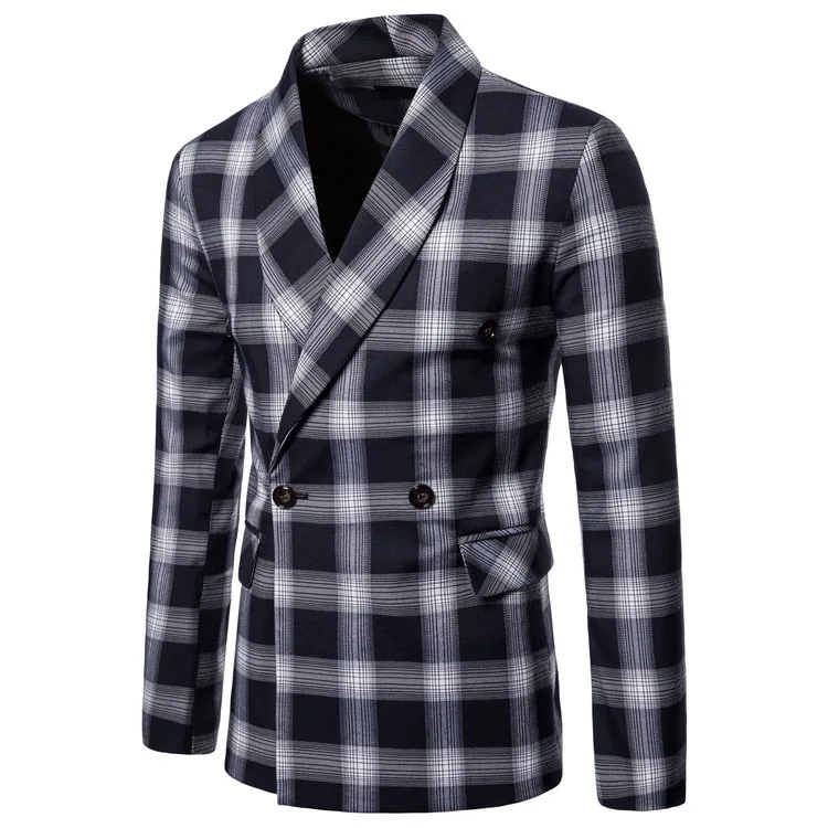 Spring and Autumn New Men's Double-breasted Slim Suit Large Size Casual Plaid Suit Jacket Men's Jacket Smart Casual suit jacket - Цвет: gray