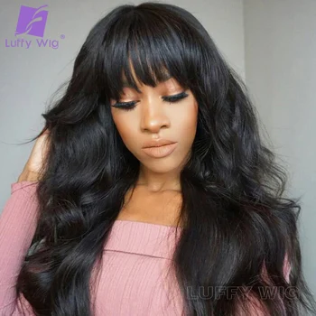

180 Density Body Wave Wig With Bangs Full Machine Made Scalp Top Wig Long Remy Brazilian Wavy Human Hair Wigs Luffywig