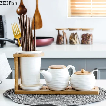 

European Style Ceramics Seasoning Box Set Salt Shaker Oil Bottle Chopstick Tube Combination with Bamboo Tray Home Kitchen Tools