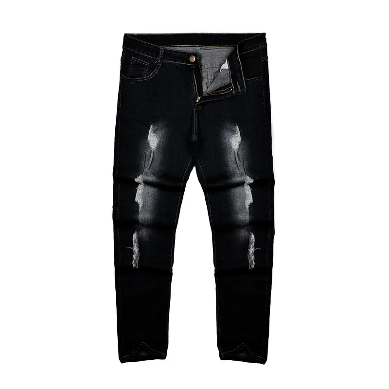 Black HEFLASHOR, модные мужские джинсы с дырками, джинсы для мотоцикла, байкеров, мужские рваные джинсы в стиле хип-хоп, облегающие джинсы полной длины - Цвет: Black