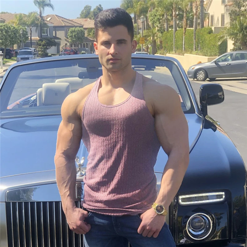 

Men's Fitness Solid O Neck Knitted Sleeveless T Shirt Slim Fit Sports Strips Tank Top Male Fashion Singlets Summer Gym Clothing