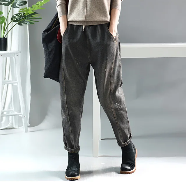 Черный Women Bleached Scratched Denim Pants Jeans Female Elastic Waist Patchwork Jeans Denim Trousers Autumn Spring Jeans - Цвет: Черный