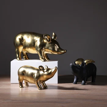 

Pig Sculpture Plated Wing Collectible Animal Statue Porcelain Art for Home Room Shelf Cabinet Decor Decorative Ceramic with Gold