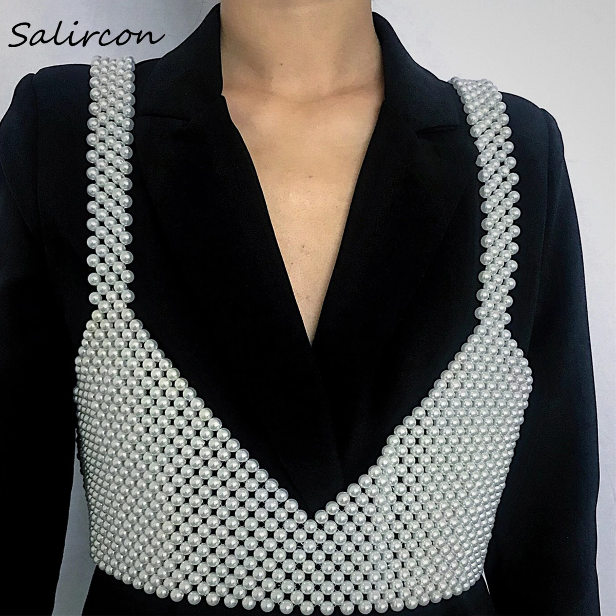 

Salircon Elegant Simulated Pearl Vest Bra Body Chain Necklace for Women Wedding New Sweet Sexy Full Bead Body Jewelry Party Gift