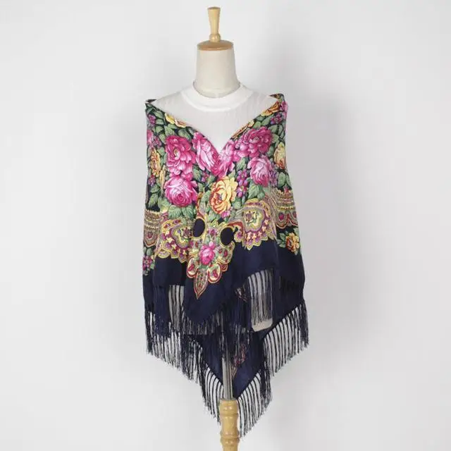 Королевский синий Large Squar Shawl Scarf Fashion Women Printing Russia Style National Designs With Four Sides Tassel Oversize Wrap 135CM*135CM 02 - Цвет: Королевский синий