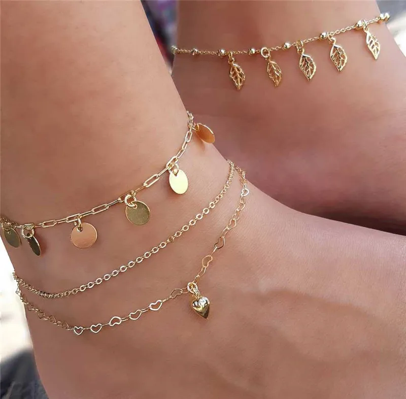 4 шт./компл. Boho Для женщин набор ножных браслетов в форме сердца листа блестками