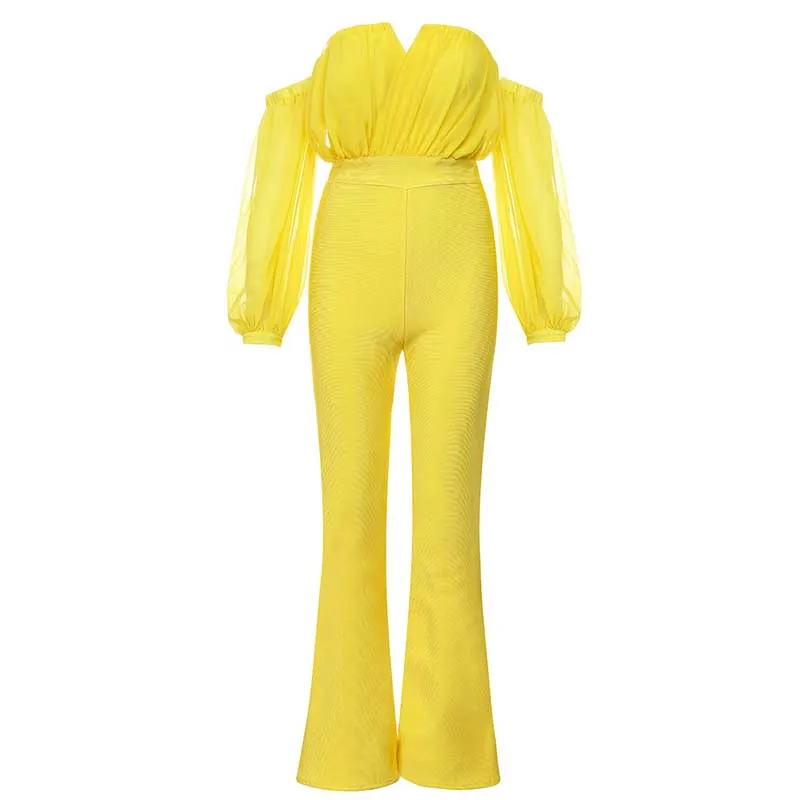 wholesale new Rompers Yellow long sleeve Strapless Sweet and sexy celebrity Party bandage Jumpsuits(H3156