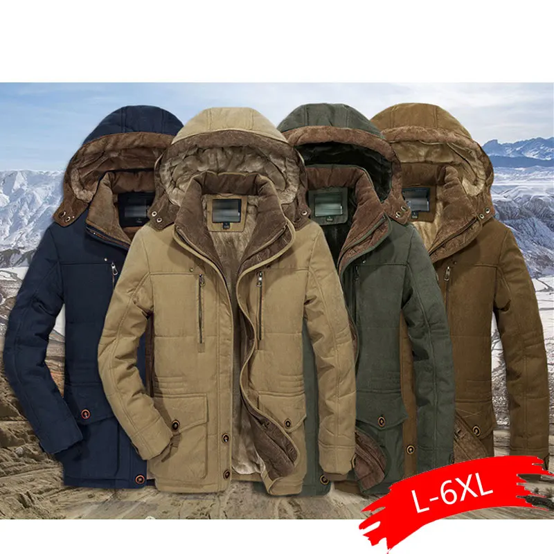 

Men Winter Coats Fleece Warm Thick Jackets Men Outerwear Windproof Casual Coat With Hooded Mens Parkas Plus size 5XL 6XL