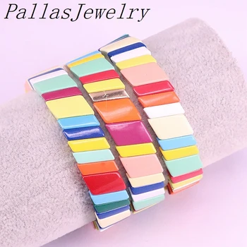 

5Pcs Handmade Painted Enamel Tile Stacked Beads Bracelets Set for Women Adjustable Elastic 2019 New Hot Bracelet