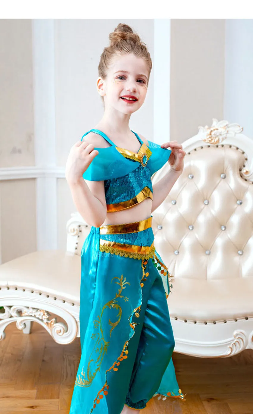 Girls Kid Summer Jasmine Princess Dress Luxury Blue Halloween Christmas Cosplay Costumes Aladdin The Magic Lamp Top+skirt Set