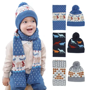 

New Cartoon Baby Hat Scarf Set Pom Pom Knitted Winter Baby Beanie Christmas Gift Warm Snow Kids Cap Baby Accessories 5 Colors