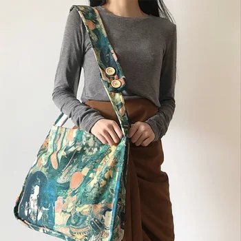 

Picking up cloth language / original new Buddha print button adjustable canvas bag simple diagonal bag
