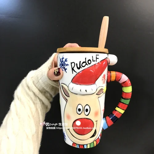with spoon and lid Рождественский подарок молочная чашка подарки на день рождения креативная керамическая кофейная чашка рождественские милые кружки для кофе большая емкость прекрасный мультфильм - Цвет: with spoon and lid
