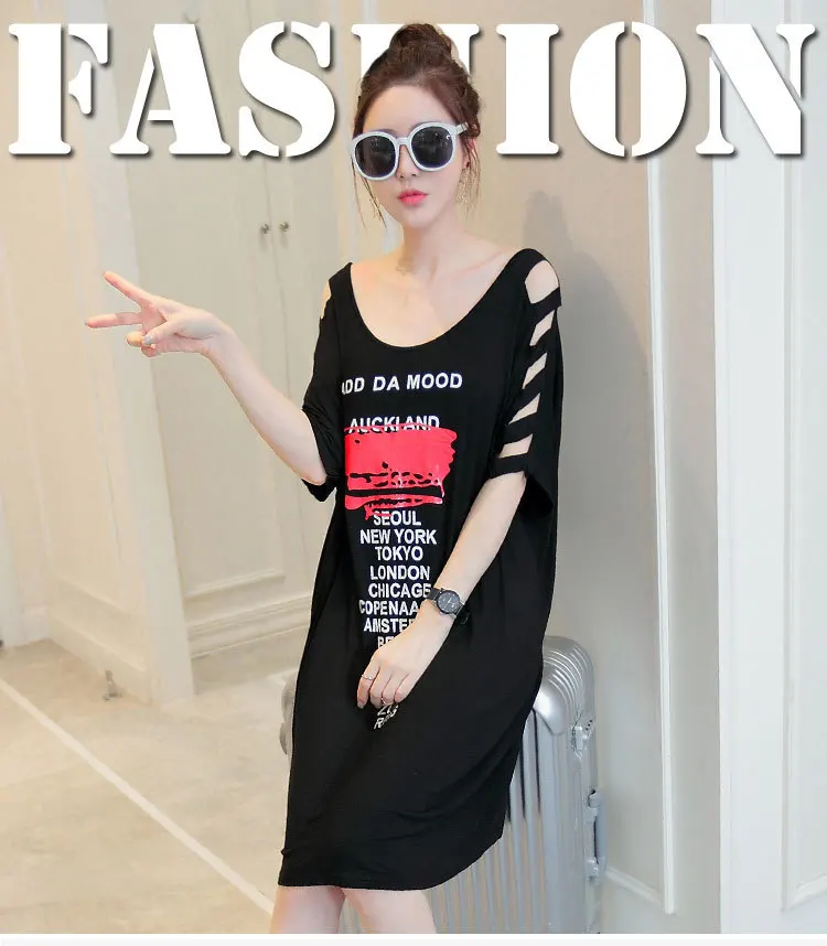 

Plus-sized Increase the Fat Mm Loose-Fit Slimming Printed Letter with Holes Mid-length T-shirt 200