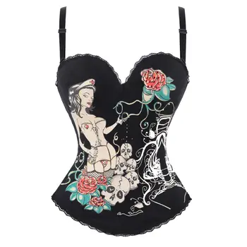 

Grebrafan Naughty Nurse Skull Roses Corset Hook up Night Club Top