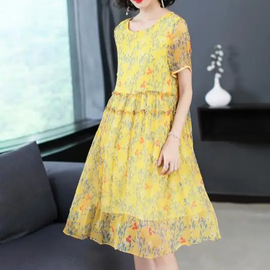 Элегантный Желтый Vestidos слоя оборками шифоновое платье Летний стиль короткий рукав Для женщин Платье с цветочным узором DC952