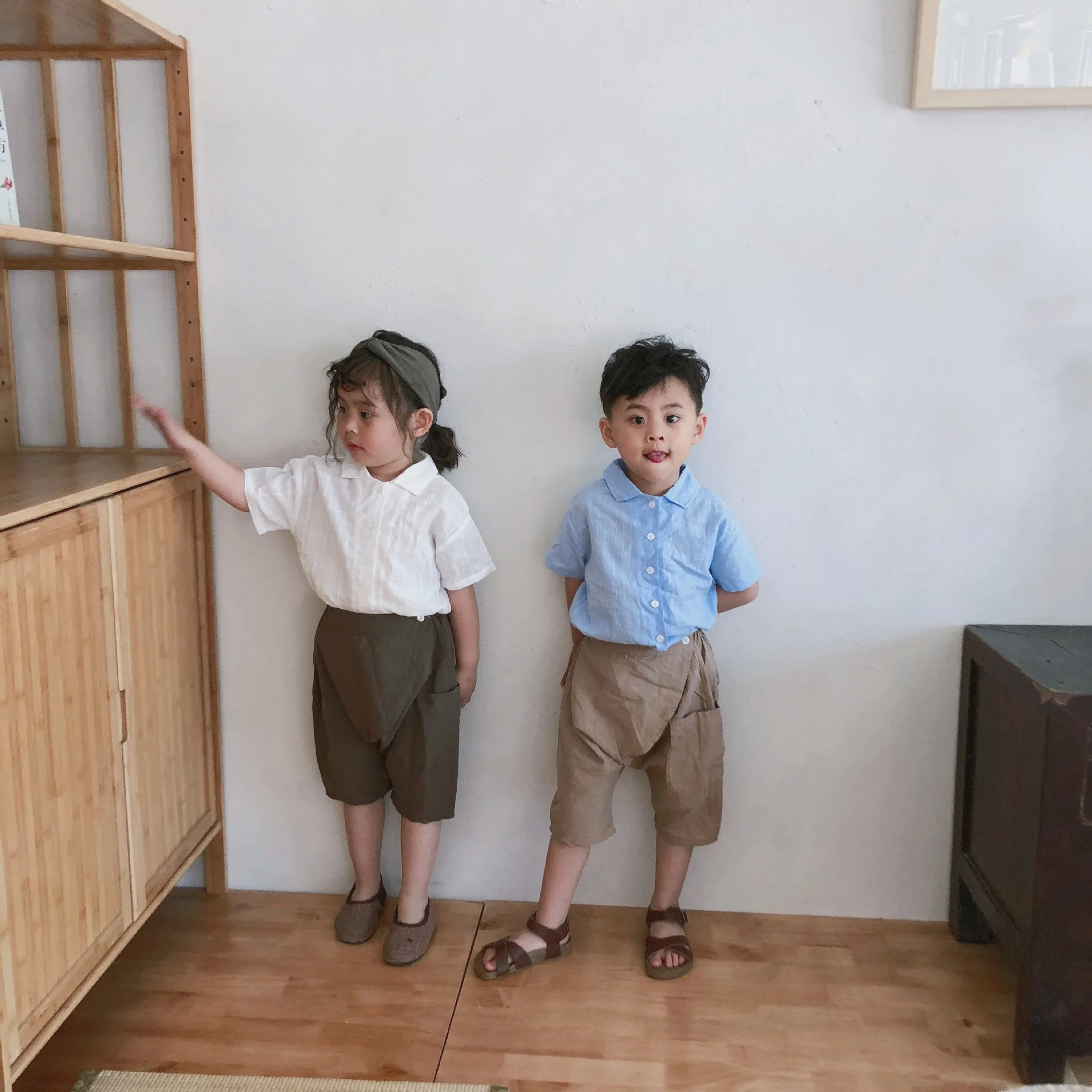 Новая стильная летняя детская хлопковая льняная рубашка с короткими рукавами han ban рубашка в клетку с отложным воротником в стиле ретро с короткими рукавами