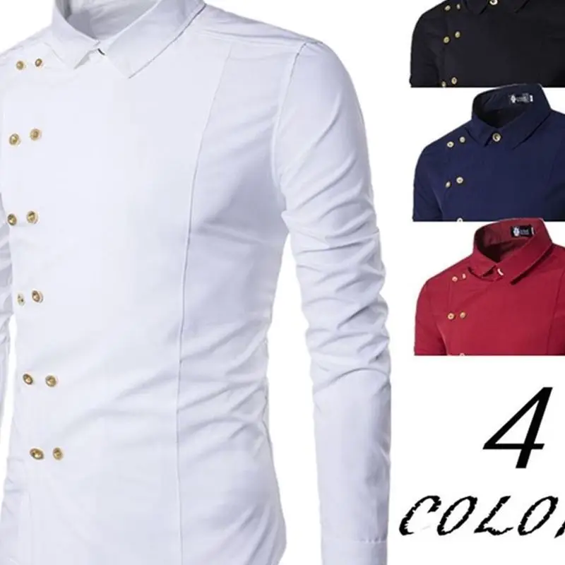 

Men Fashion Blouse Men Oblique Placket Double Breasted Solid Color Long-sleeve Blouse Slim Fit Fold-down Collar