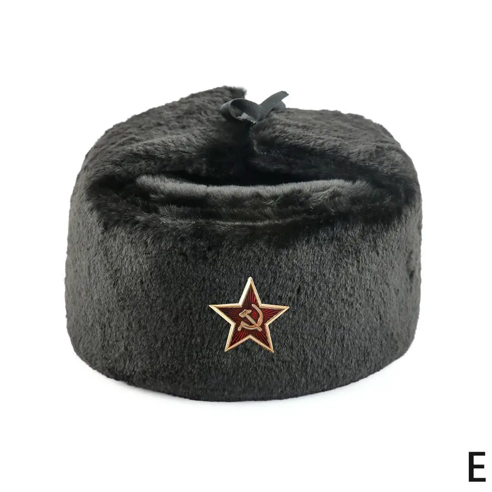 E Зимние теплые шапки русский Охотник шапка белая с советским значком Искусственный Мех ушанка Запорожец Кепка - Цвет: E