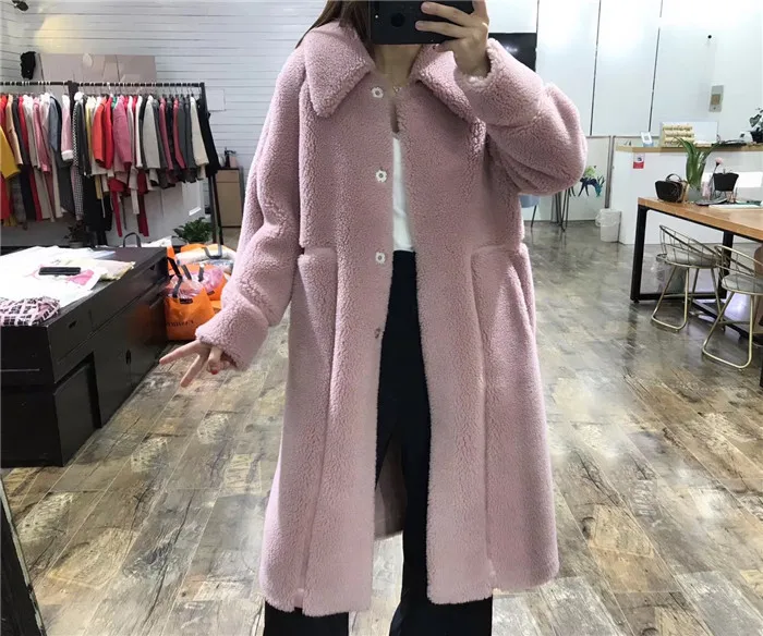 Танцевальные крылья, настоящая овечья овчина, меховое пальто для женщин, шерсть, пальто, Толстая теплая Длинная зимняя куртка - Цвет: pink