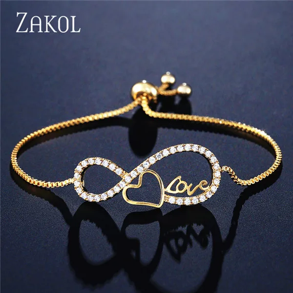 Модные циркониевые браслеты ZAKOL, 8 форм, сердце, бесконечность, регулируемые браслеты для невесты, свадебные браслеты для женщин, модное ювелирное изделие, подарок, FSBP2120 - Окраска металла: Gold Color