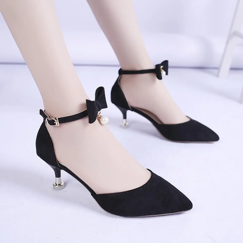 

Women Ankle Strap Bowknot Pearl Kitten Heel Suede Pointed Toe Slip on High Heels Party Dress Pumps Comfort Soft Shoes Mujer