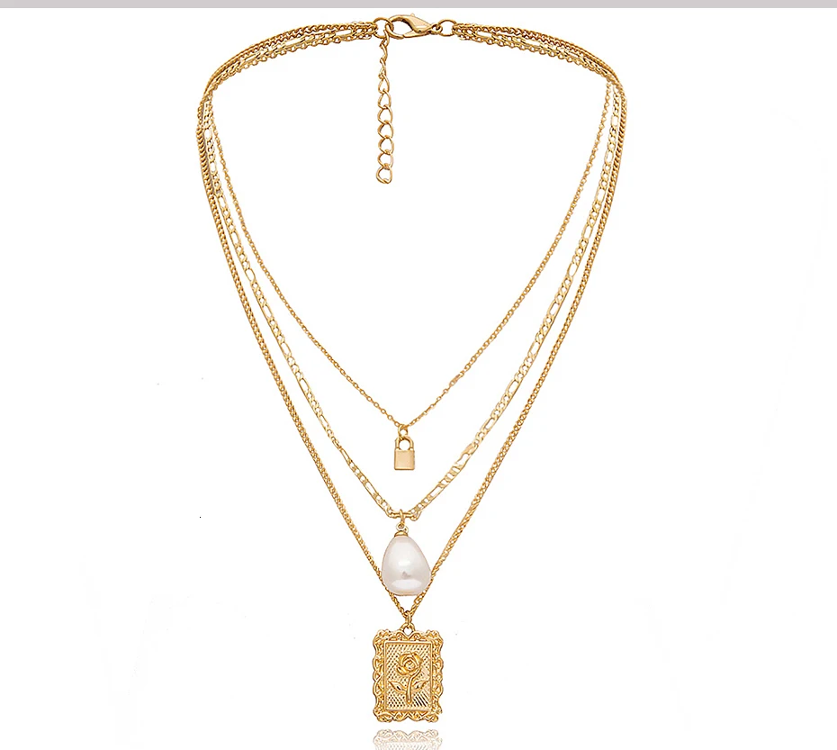 SHIXIN, многослойная цепочка, розовое квадратное жемчужное ожерелье для женщин, золотой цвет, Мини Подвеска "замок",, модное ювелирное изделие, подарки для женщин