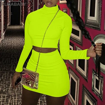 

RLMABABY 2 Piece Set Women Casual Autumn Winter Female Set High Neck Long Sleeve Top And Mini Skirts Set Night Club Sexy Set