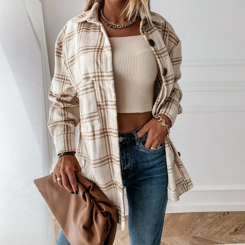 

Women Fashion Plaid Shirts Spring/Autumn Casual Long Sleeved Buttons Long Shirt Coat Blusas Mujer De Moda 2020